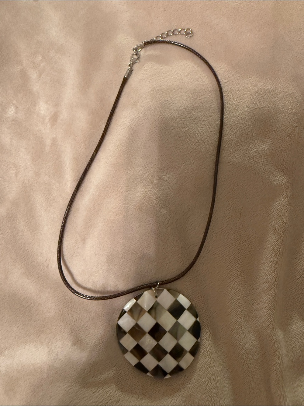Classic Checkerboard Shell Pendant Necklace in Brown and Cream